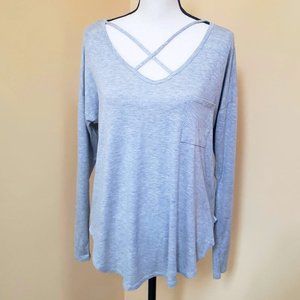 Grey long-sleeved top/tunic with X- neckline and pocket - L - New!